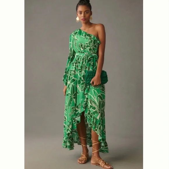 anthropologie green ruffle dress Anthropologie Odetta V Neck Ruffled Dress Size Petite M Green Floral NWT